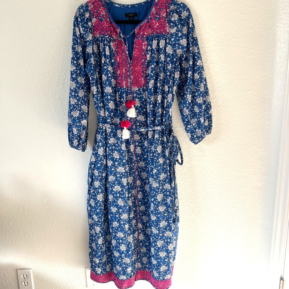 J. CREW‎ Sz S Belted Tunic Dress Night Sky Block Print Embroidered Boho Floral